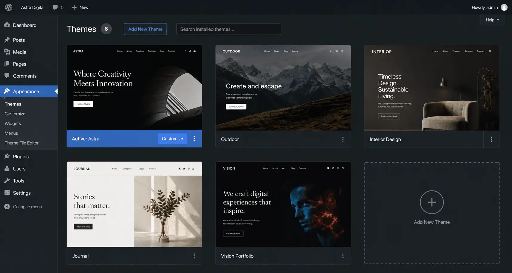"Install WordPress theme — WordPress dashboard showing the themes section with multiple options
