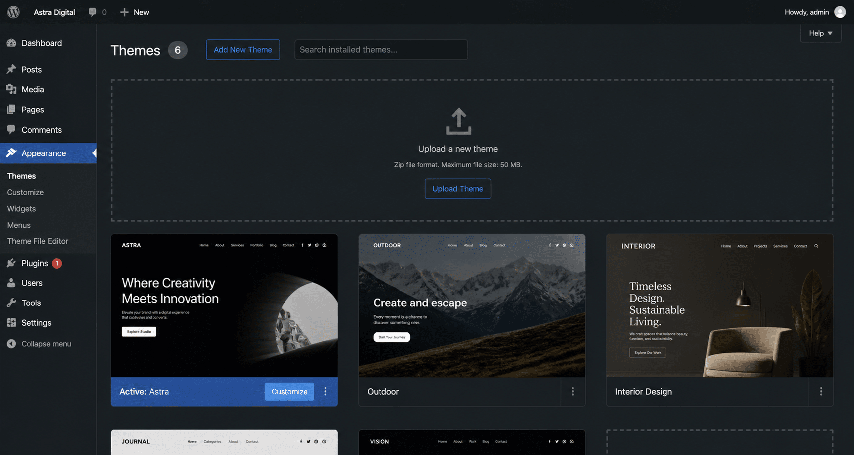 WordPress admin Themes page showing the Upload Theme button highlighted with a dotted upload area, dark mode UI, modern tech blog style